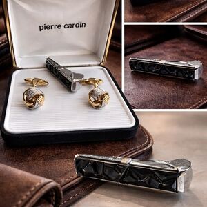 Pierre Cardin Black & Gold Knot Cufflinks with Black Inset Tie Clip